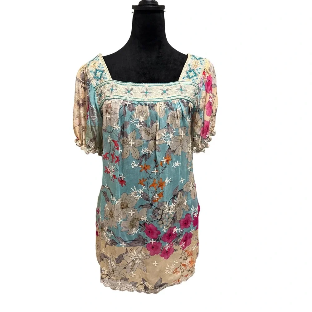 Johnny Was‎ Permint Padme Floral Embroidered Tunic S  Rayon Boho EUC
